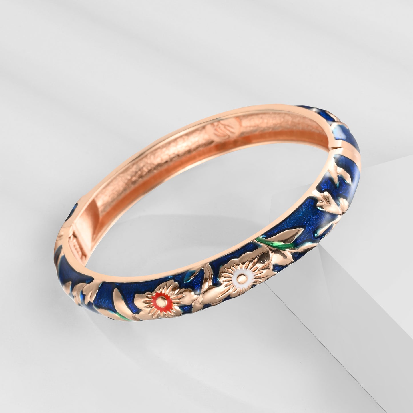 UJOY Cloisonne Bangle Pink Enamel Gold Flower and Bird Pattern Bracelet Gifts for Women Girls 611105