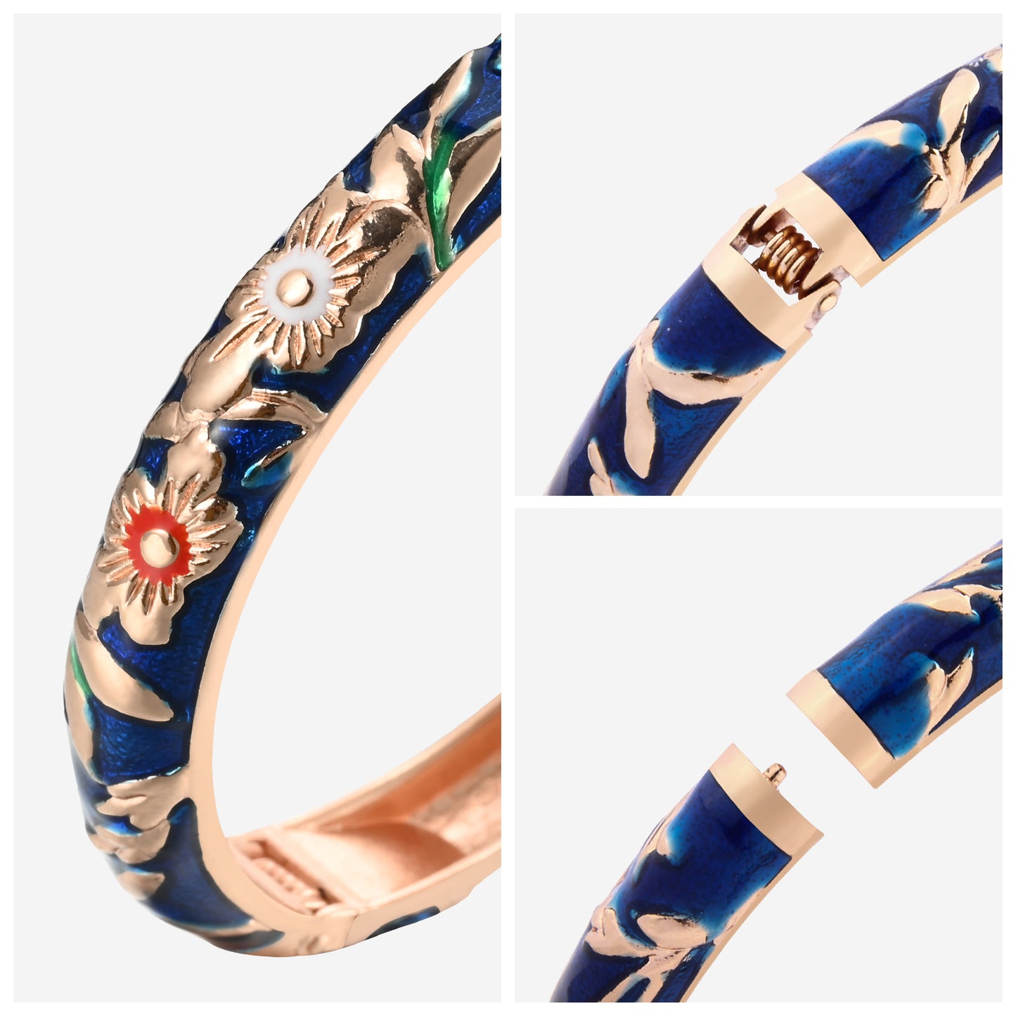 UJOY Cloisonne Bangle Pink Enamel Gold Flower and Bird Pattern Bracelet Gifts for Women Girls 611105