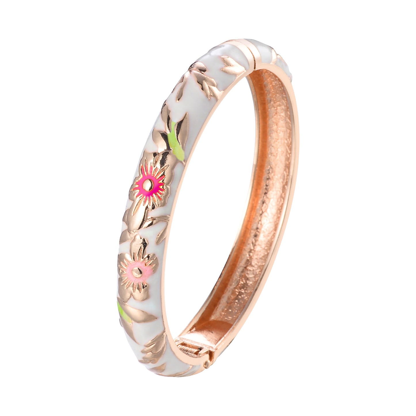 UJOY Cloisonne Bangle Pink Enamel Gold Flower and Bird Pattern Bracelet Gifts for Women Girls 611105