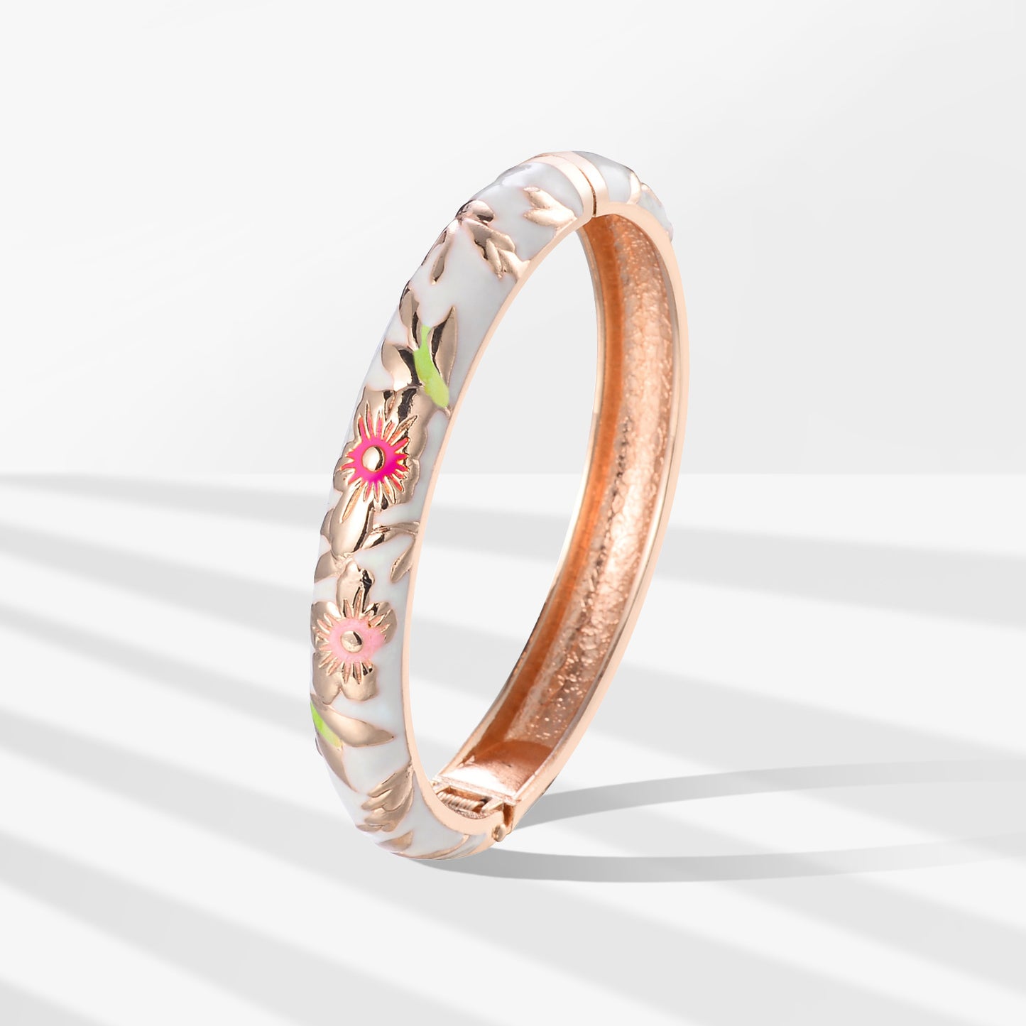 UJOY Cloisonne Bangle Pink Enamel Gold Flower and Bird Pattern Bracelet Gifts for Women Girls 611105