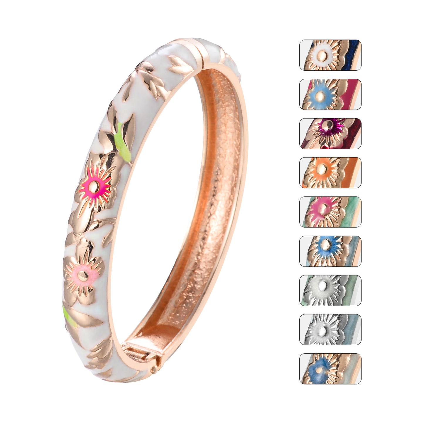UJOY Cloisonne Bangle Pink Enamel Gold Flower and Bird Pattern Bracelet Gifts for Women Girls 611105