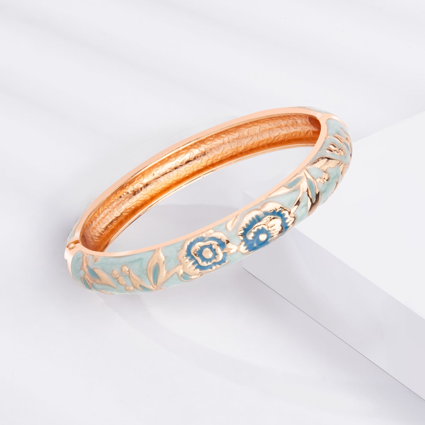 UJOY Cloisonne Bangle Light Blue Gold Flower Pattern Bracelet Gifts for Women Girls