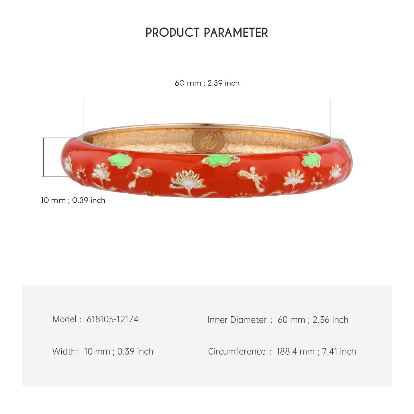 UJOY Cloisonne Bangle Red and Green Floral Pattern Bracelet Gifts for Women Girls 618105