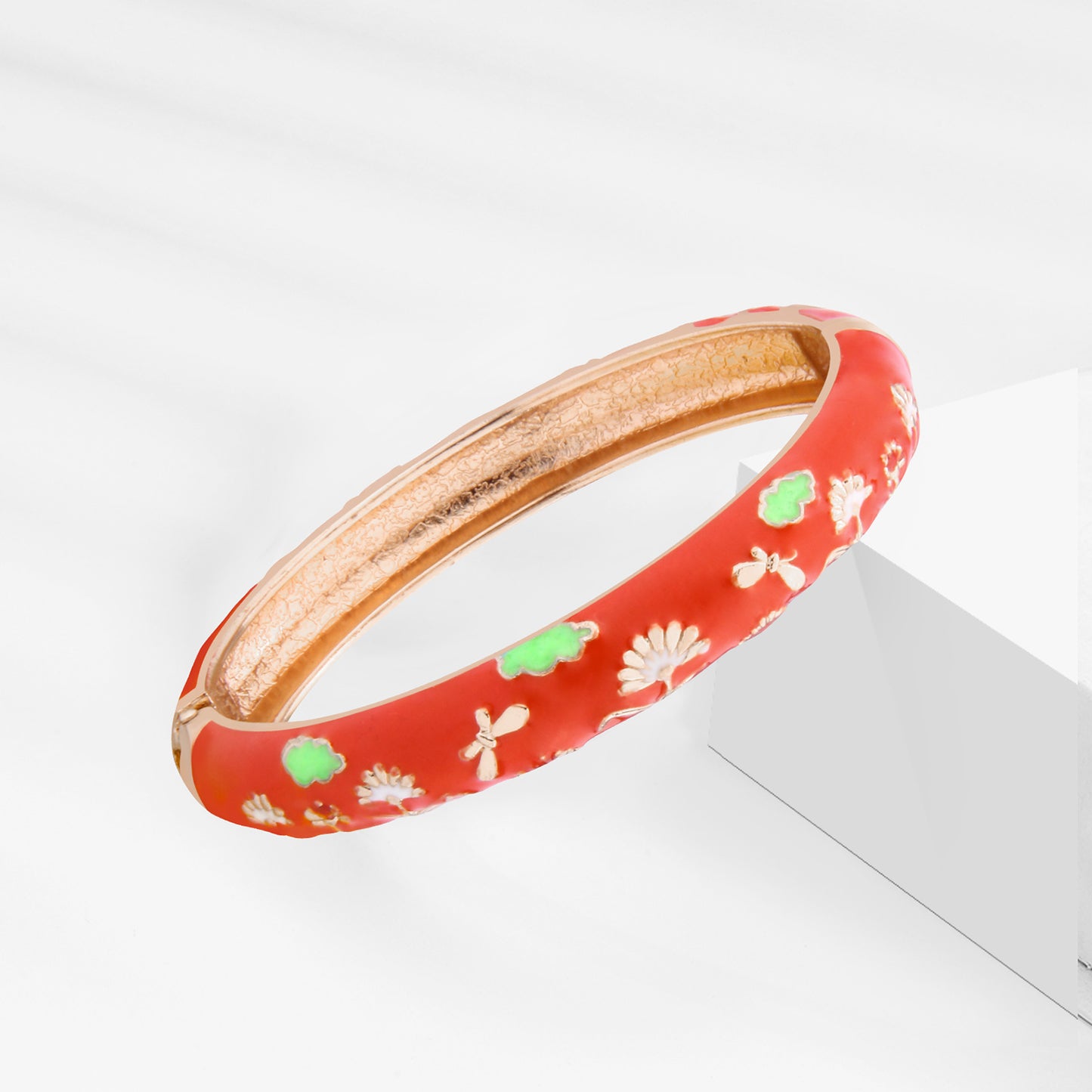 UJOY Cloisonne Bangle Red and Green Floral Pattern Bracelet Gifts for Women Girls 618105