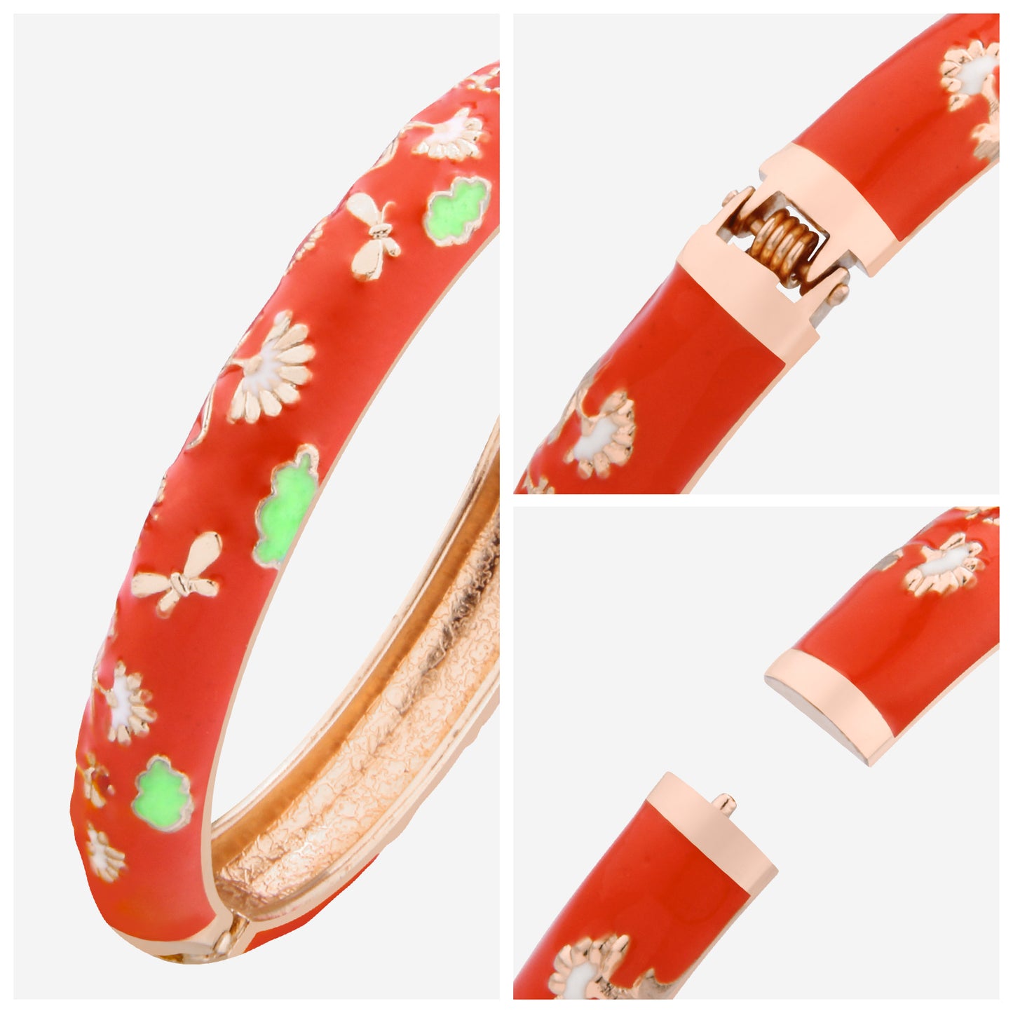 UJOY Cloisonne Bangle Red and Green Floral Pattern Bracelet Gifts for Women Girls 618105