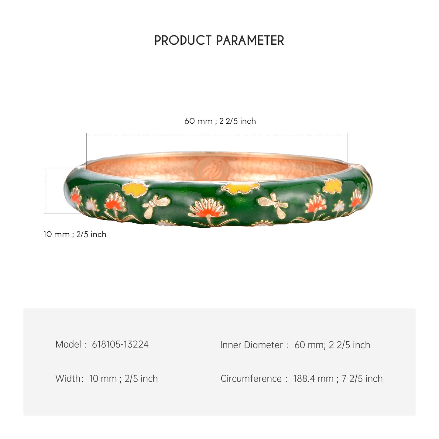 UJOY Cloisonne Bangle Red and Green Floral Pattern Bracelet Gifts for Women Girls 618105