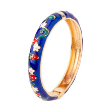 Load image into Gallery viewer, UJOY Vintage Cloisonne Enamel Bangle Gold Plated Transparent Blue Floral Hinged Bracelet Women Oriental Jewelry Gift