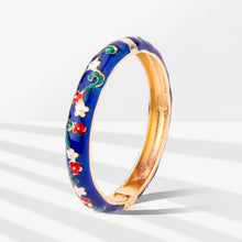 Load image into Gallery viewer, UJOY Vintage Cloisonne Enamel Bangle Gold Plated Transparent Blue Floral Hinged Bracelet Women Oriental Jewelry Gift