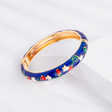 Load image into Gallery viewer, UJOY Vintage Cloisonne Enamel Bangle Gold Plated Transparent Blue Floral Hinged Bracelet Women Oriental Jewelry Gift