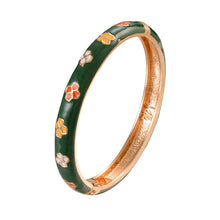 Load image into Gallery viewer, UJOY Vintage Cloisonne Enamel Bangle Gold Plated Dark Green Four-Petal Floral Hinged Bracelet Women Oriental Jewelry Gift
