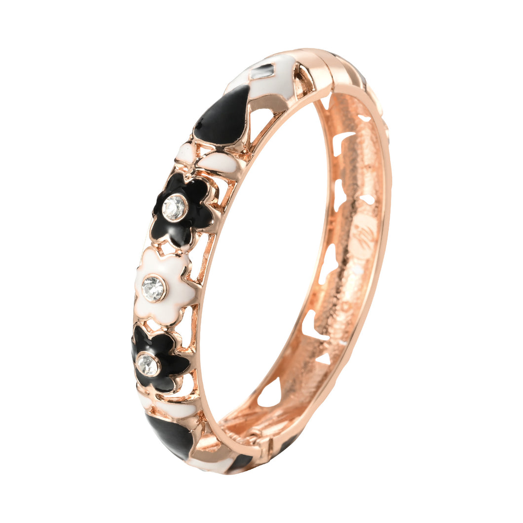 UJOY Cloisonne Bangle Black and White Floral Rose Gold Bracelet Set with Diamonds Gifts for Women Girls