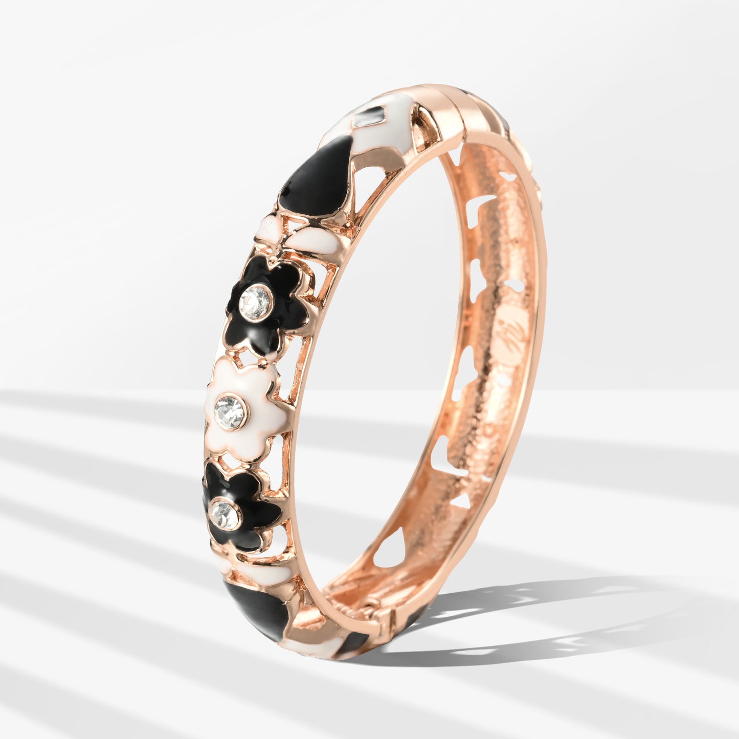 UJOY Cloisonne Bangle Black and White Floral Rose Gold Bracelet Set with Diamonds Gifts for Women Girls