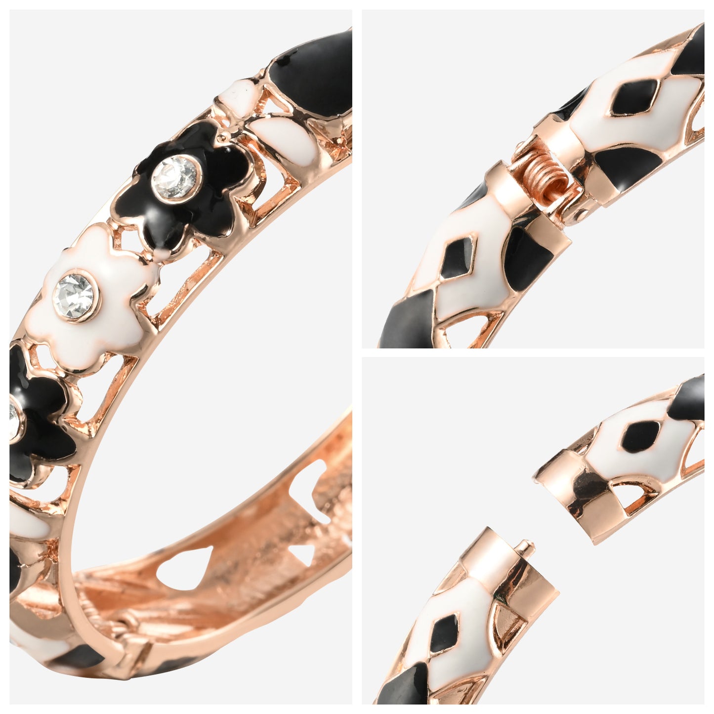 UJOY Cloisonne Bangle Black and White Floral Rose Gold Bracelet Set with Diamonds Gifts for Women Girls