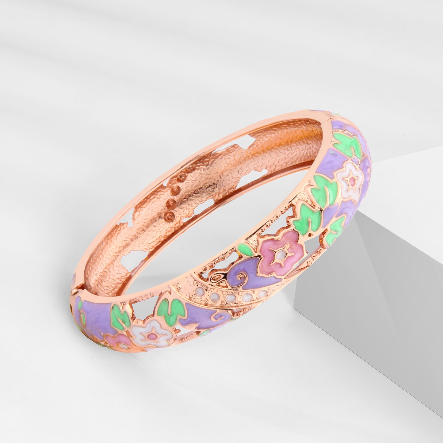UJOY Cloisonne Bangle Dreamy Pink Purple Openwork Floral Bracelet Gifts for Women Girls