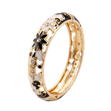 Load image into Gallery viewer, Vintage Gold Plated Cloisonne Enamel Hinged Bangle, Black &amp; White Hollow Floral Bracelet with Rhinestones for Women, Statement Jewelry Gift
