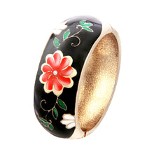 Load image into Gallery viewer, UJOY Cloisonne Bangle Black and White Floral Rose Gold Wide Bracelet Gifts for Women Girls 669256
