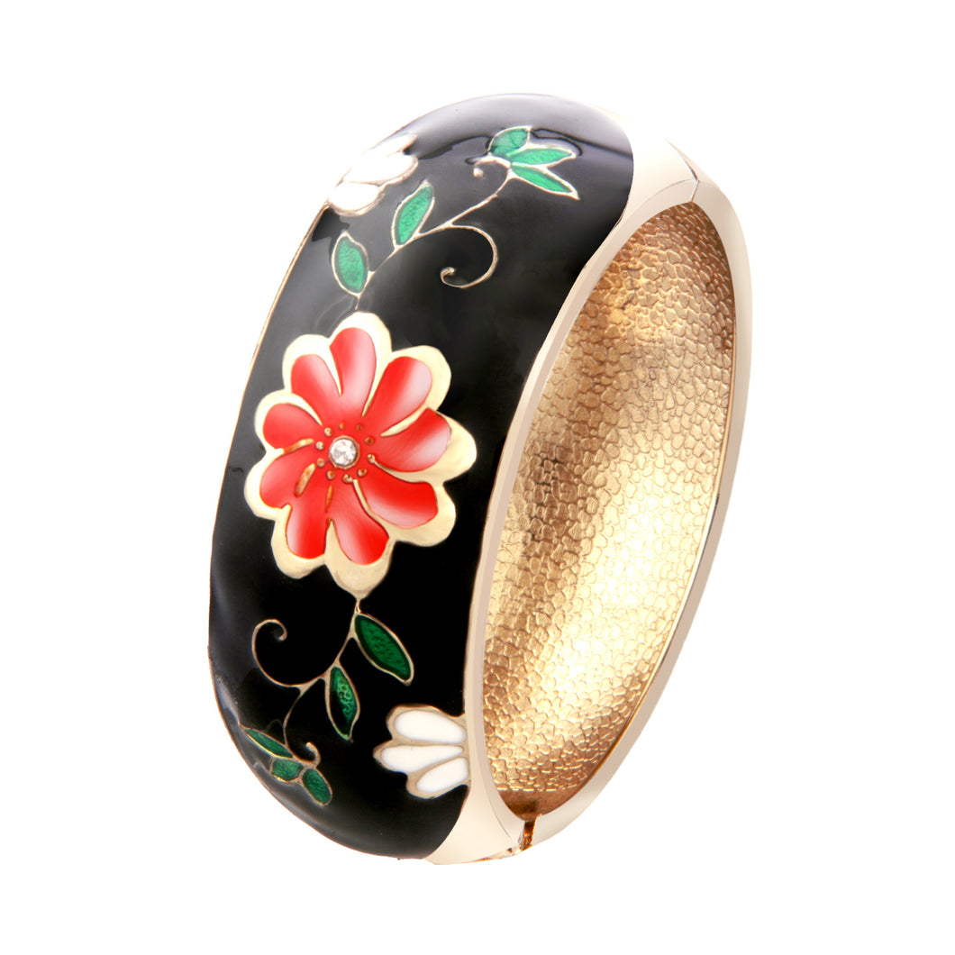 UJOY Cloisonne Bangle Black and White Floral Rose Gold Wide Bracelet Gifts for Women Girls 669256