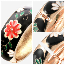 Load image into Gallery viewer, UJOY Cloisonne Bangle Black and White Floral Rose Gold Wide Bracelet Gifts for Women Girls 669256