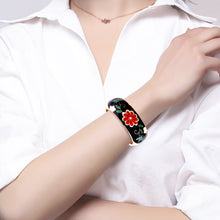 Load image into Gallery viewer, UJOY Cloisonne Bangle Black and White Floral Rose Gold Wide Bracelet Gifts for Women Girls 669256