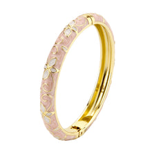 Load image into Gallery viewer, UJOY Vintage Gold Plated Cloisonne Enamel Hinged Bangle, Pink Marble Swirl Butterfly Motif Bracelet for Women, Elegant Stackable Jewelry Gift**  >