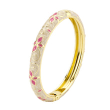 Load image into Gallery viewer, UJOY Vintage Gold Plated Cloisonne Enamel Hinged Bangle, Cream Marble Swirl with Fuchsia Butterfly Motif Bracelet for Women, Elegant Stackable Jewelry Gift