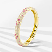 Load image into Gallery viewer, UJOY Vintage Gold Plated Cloisonne Enamel Hinged Bangle, Cream Marble Swirl with Fuchsia Butterfly Motif Bracelet for Women, Elegant Stackable Jewelry Gift