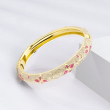 Load image into Gallery viewer, UJOY Vintage Gold Plated Cloisonne Enamel Hinged Bangle, Cream Marble Swirl with Fuchsia Butterfly Motif Bracelet for Women, Elegant Stackable Jewelry Gift