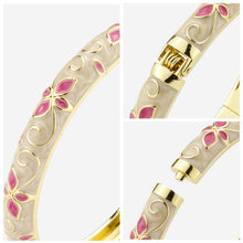 Load image into Gallery viewer, UJOY Vintage Gold Plated Cloisonne Enamel Hinged Bangle, Cream Marble Swirl with Fuchsia Butterfly Motif Bracelet for Women, Elegant Stackable Jewelry Gift