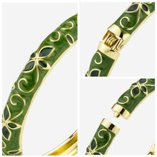 Load image into Gallery viewer, UJOY Vintage Gold Plated Cloisonne Enamel Hinged Bangle, Pearl Dark Green Swirl with Fuchsia Butterfly Motif Bracelet for Women, Elegant Stackable Jewelry Gift（副本）