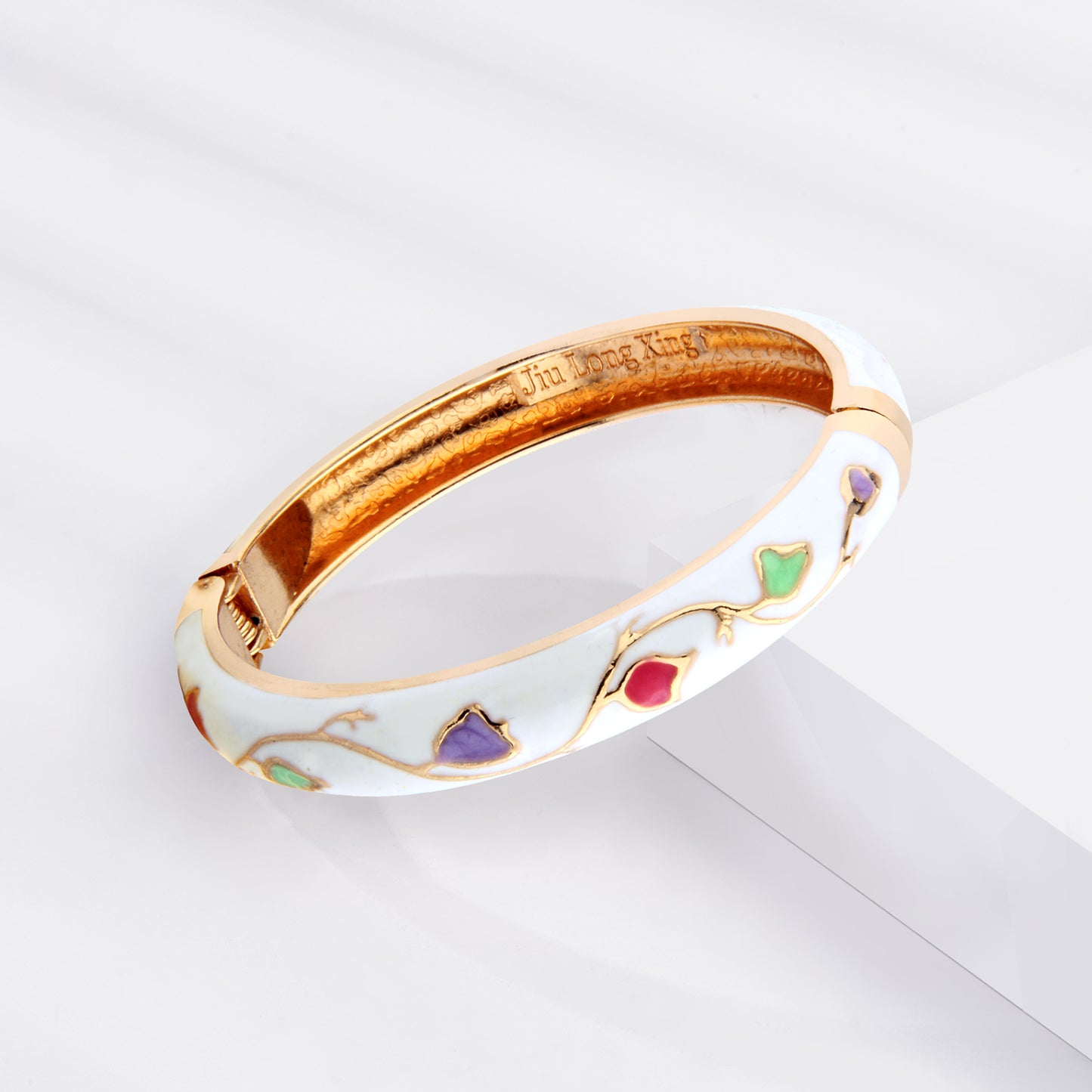 UJOY Cloisonne Bangle White Colourful Flower Pattern Bracelet Gifts for Women Girls