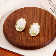 Cargar imagen en el visor de la galería, UJOY Vintage Lily of the Valley Enamel Stud Earrings | Gold Plated Zinc Alloy Jewelry