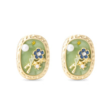 Cargar imagen en el visor de la galería, UJOY Dainty Pink Floral Enamel Earrings – Irregular Oval Frame with Pearl Accents