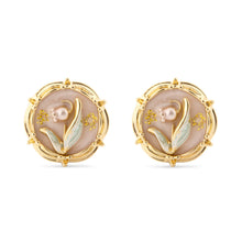 Cargar imagen en el visor de la galería, UJOY Round Enamel Flower Leaf Stud Earrings – Light Pink Gold-Tone Zinc Alloy