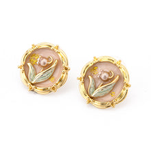 Cargar imagen en el visor de la galería, UJOY Round Enamel Flower Leaf Stud Earrings – Light Pink Gold-Tone Zinc Alloy