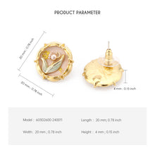 Cargar imagen en el visor de la galería, UJOY Round Enamel Flower Leaf Stud Earrings – Light Pink Gold-Tone Zinc Alloy