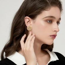 Cargar imagen en el visor de la galería, UJOY Round Enamel Flower Leaf Stud Earrings – Light Pink Gold-Tone Zinc Alloy