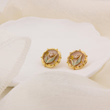 Cargar imagen en el visor de la galería, UJOY Round Enamel Flower Leaf Stud Earrings – Light Pink Gold-Tone Zinc Alloy