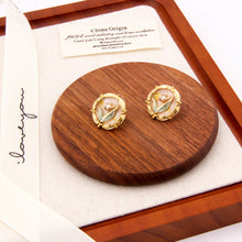 Cargar imagen en el visor de la galería, UJOY Round Enamel Flower Leaf Stud Earrings – Light Pink Gold-Tone Zinc Alloy