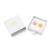 Cargar imagen en el visor de la galería, UJOY Round Enamel Flower Leaf Stud Earrings – Light Pink Gold-Tone Zinc Alloy