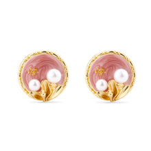 Cargar imagen en el visor de la galería, UJOY Round Pink Enamel Pearl Stud Earrings – Gold-Tone Zinc Alloy