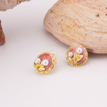 Cargar imagen en el visor de la galería, UJOY Round Pink Enamel Pearl Stud Earrings – Gold-Tone Zinc Alloy