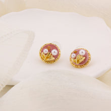 Cargar imagen en el visor de la galería, UJOY Round Pink Enamel Pearl Stud Earrings – Gold-Tone Zinc Alloy