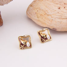 Cargar imagen en el visor de la galería, UJOY Square Starfish &amp; Fish Enamel Stud Earrings – Gold-Tone Zinc Alloy