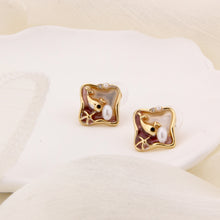 Cargar imagen en el visor de la galería, UJOY Square Starfish &amp; Fish Enamel Stud Earrings – Gold-Tone Zinc Alloy