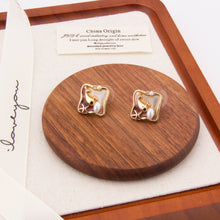Cargar imagen en el visor de la galería, UJOY Square Starfish &amp; Fish Enamel Stud Earrings – Gold-Tone Zinc Alloy
