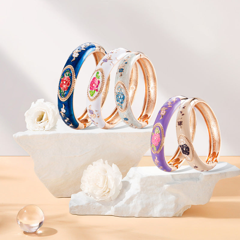 UJOY Bangles 5 Pcs Enamel Jewelry Different Colors Set Rose Gold Flower Engraved Cloisonne Bracelets Pack in a Box 5 PCS