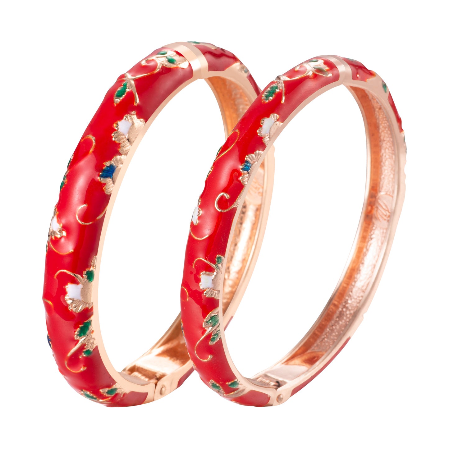 UJOY Vintage Set of Cloisonne Bracelets Cuff Golden Metal Bangles Indian Flower Red Enameled Jewelry