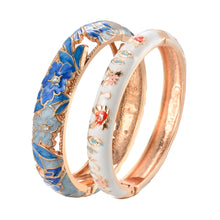 Load image into Gallery viewer, UJOY Vintage Jewelry Cloisonne Handcrafted Enameled Gorgeous Rhinestone Rose Gold Hinged Cuff Bangles
