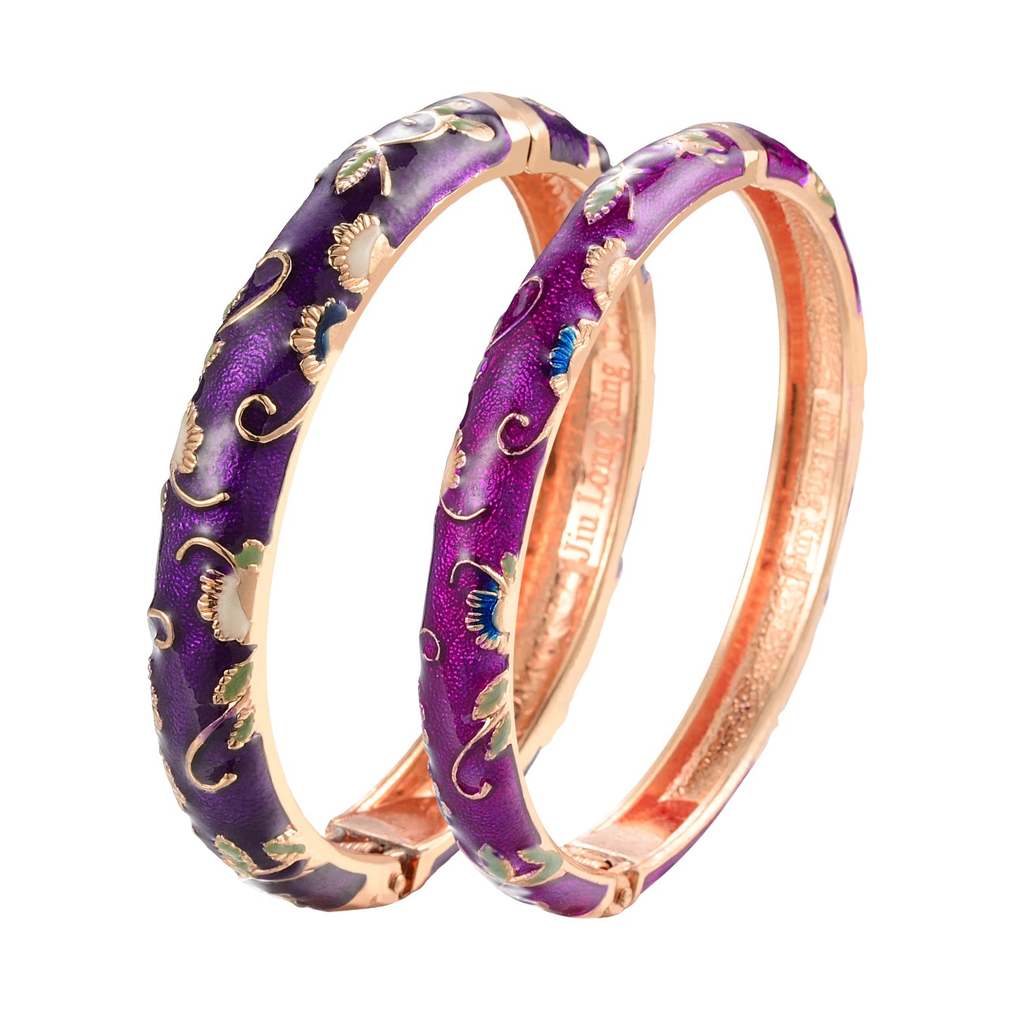 UJOY Vintage Set of Cloisonne Bracelets Cuff Golden Metal Bangles Indian Flower Red Enameled Jewelry