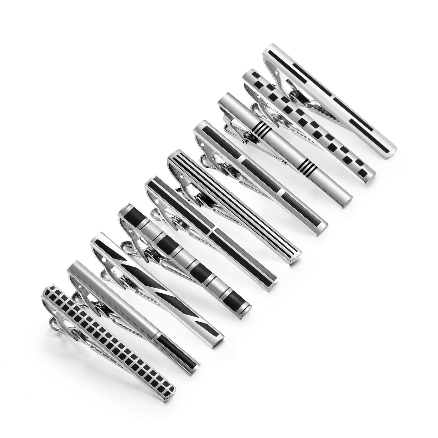 UJOY 10pcs Set Enamel Black Siver Tie Bar Pin Clips in Gift Box